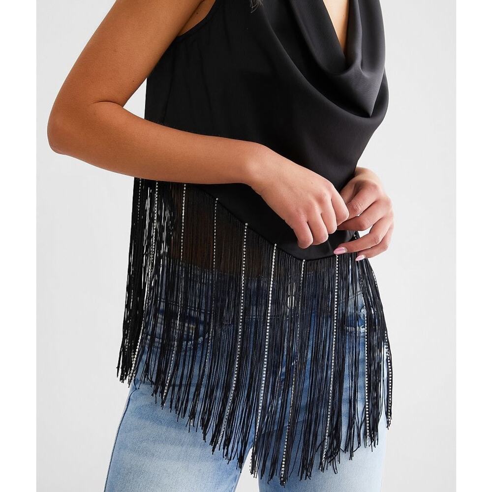 BLUE B Rhinestone Fringe Tank Top Sz S Black Western Glam Satin Cowl Neck